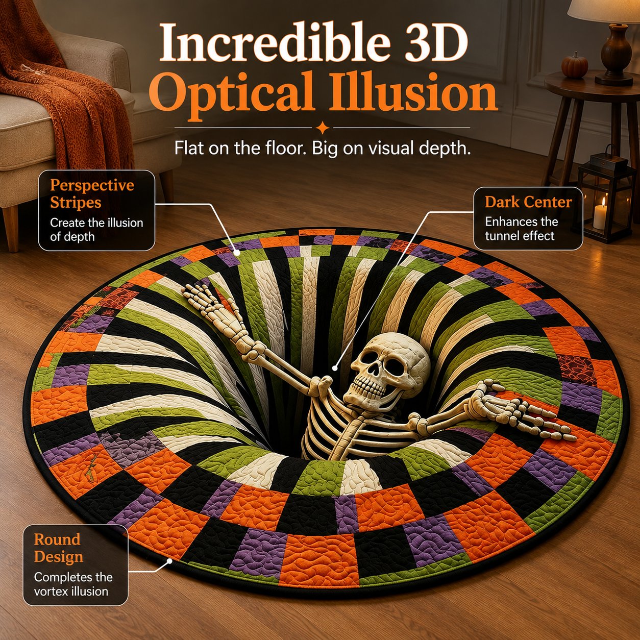 3D Skeleton Pit Halloween Illusion Round Rug