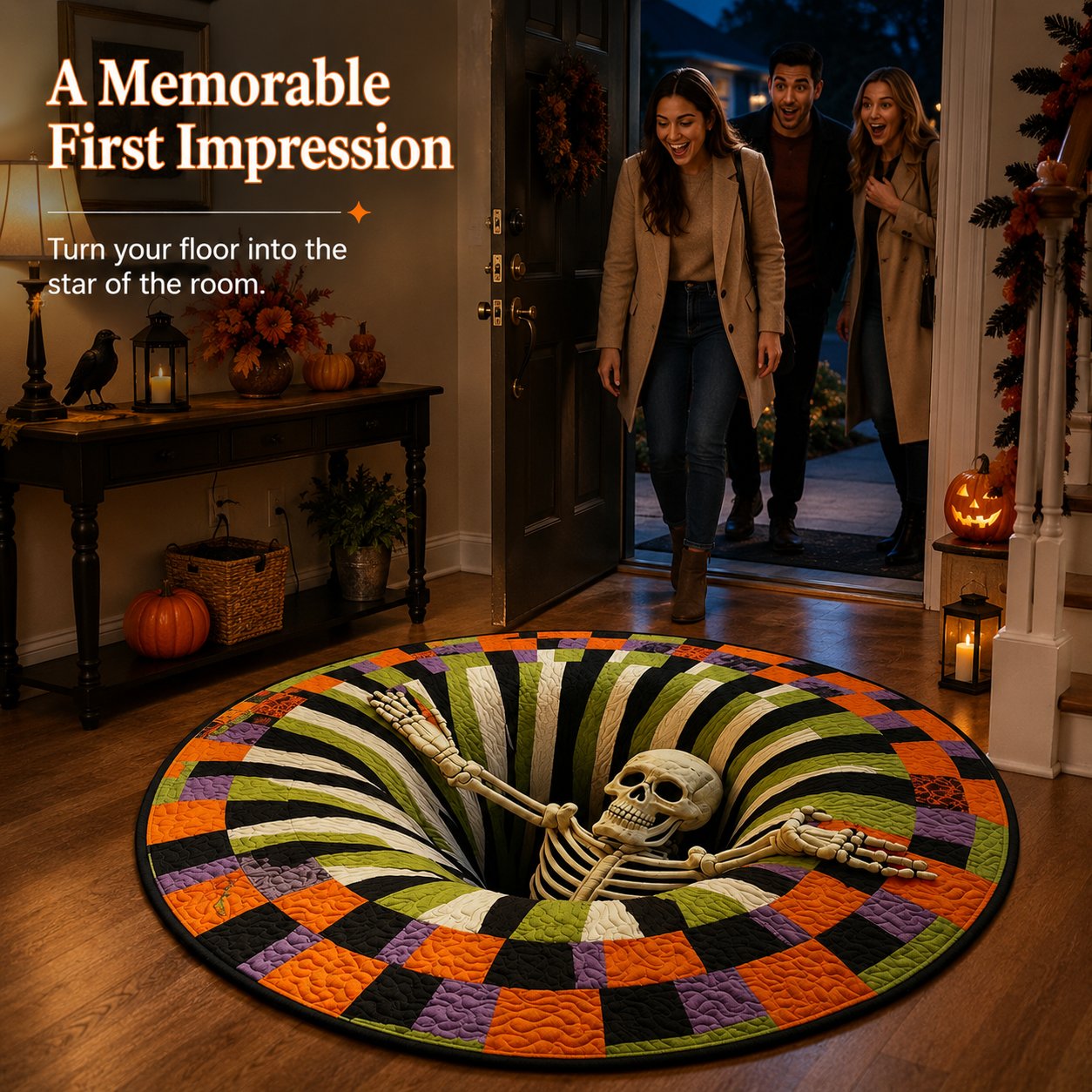 3D Skeleton Pit Halloween Illusion Round Rug